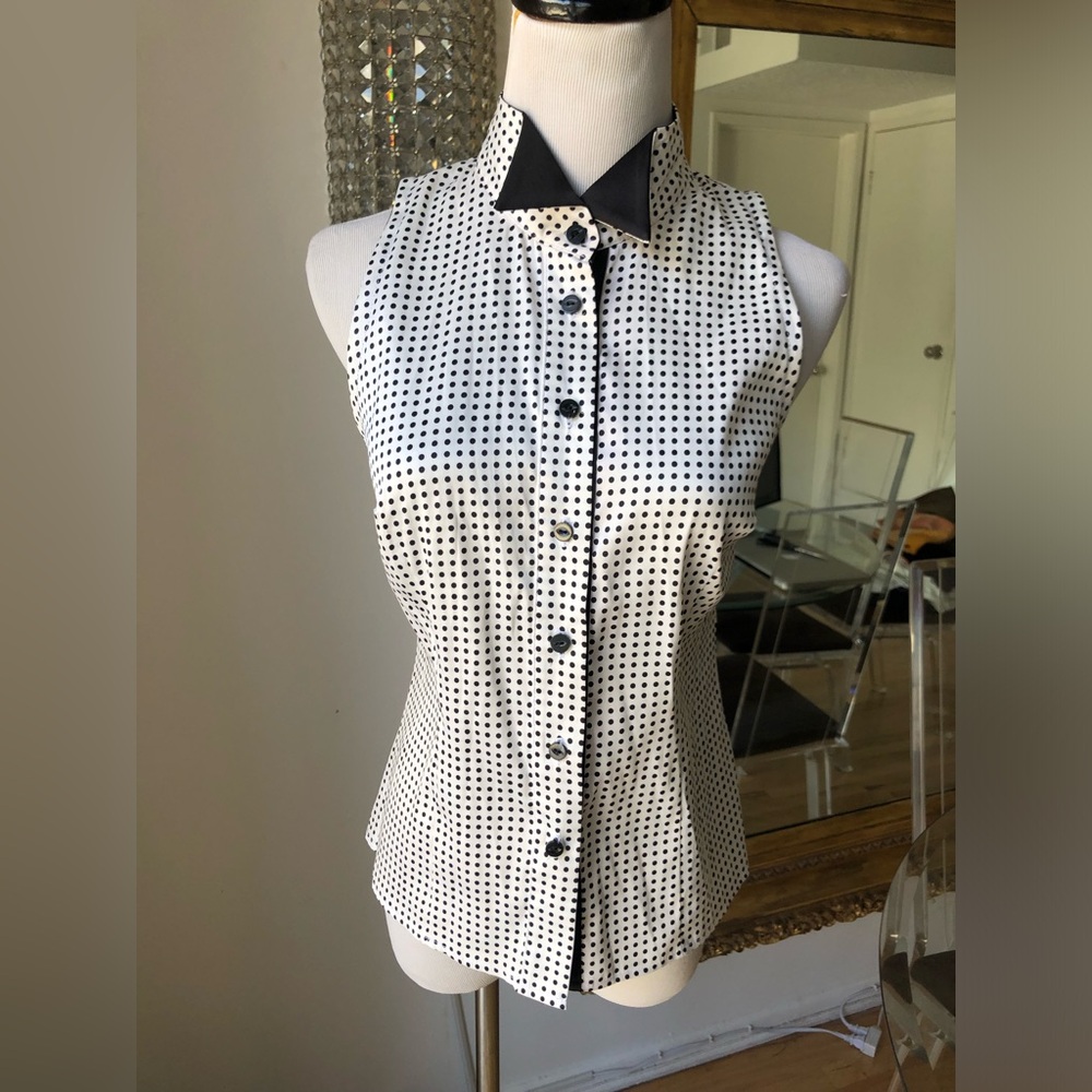 Sleeveless Black & White Polka Dot Button-Front Top MK